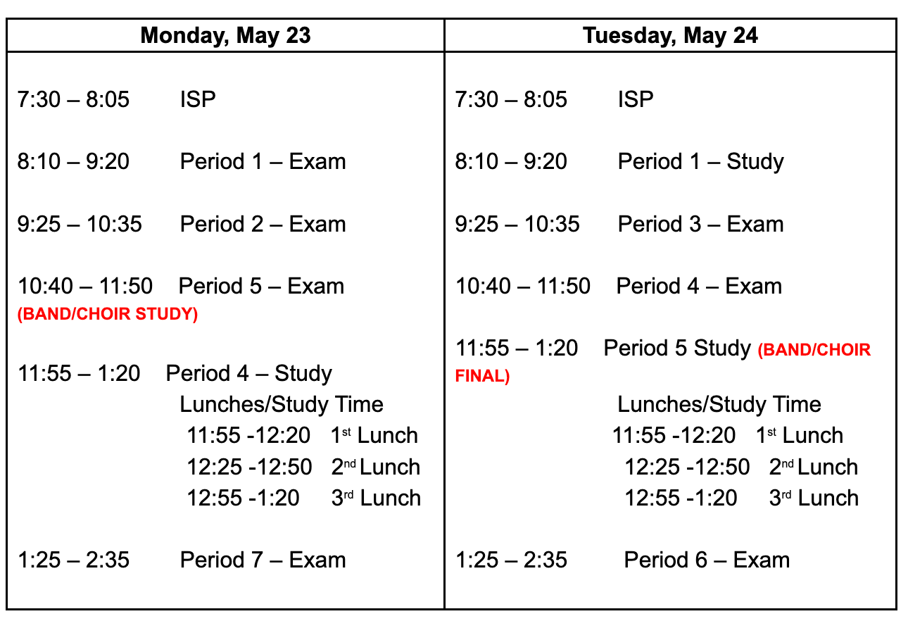 Final Exam Schedule – May 2022 – Boone Grove High School